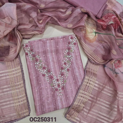 Pastel Pink silk cotton unstitched salwar material, pearl bead and embroidery on yoke (Lightweight, Lining Needed) Matching Santoon Bottom, Abstract printed silk cotton dupatta. OC250311