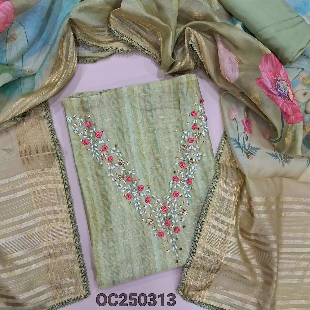 Light Sage Green silk cotton unstitched salwar material, pearl bead and embroidery on yoke (Lightweight, Lining Needed) Matching Santoon Bottom, Abstract printed silk cotton dupatta. OC250313