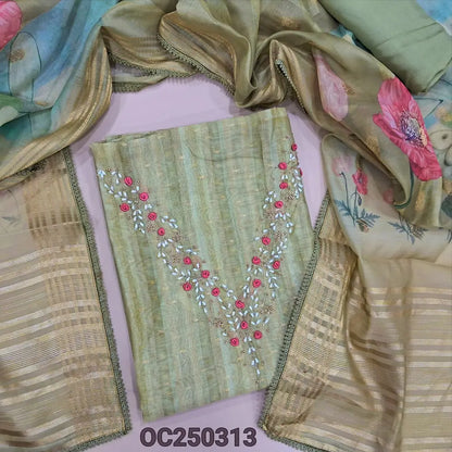 Light Sage Green silk cotton unstitched salwar material, pearl bead and embroidery on yoke (Lightweight, Lining Needed) Matching Santoon Bottom, Abstract printed silk cotton dupatta. OC250313