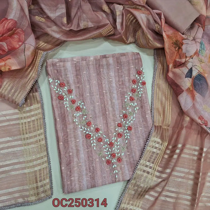 Light Onion Pink silk cotton unstitched salwar material, pearl bead and embroidery on yoke (Lightweight, Lining Needed) Matching Santoon Bottom, Abstract printed silk cotton dupatta. OC250314
