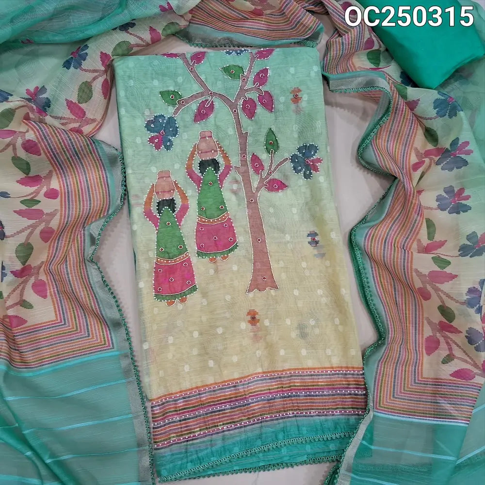 Turquoise green with Yellow digital printed slub silk cotton unstitched salwar material, rich daman with handwork (Textured, Thin, Lining Needed) Matching bottom, Digital Printed Short Width Dupatta. OC250315