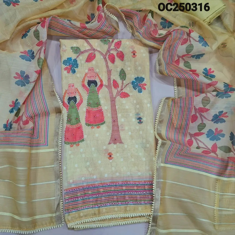 Yellow digital printed slub silk cotton unstitched salwar material, rich daman with handwork (Textured, Thin, Lining Needed) Matching bottom, Digital Printed Short Width Dupatta. OC250316