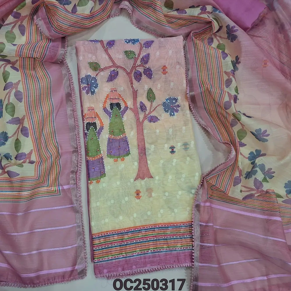 Pastel Pink with yellow digital printed slub silk cotton unstitched salwar material, rich daman with handwork (Textured, Thin, Lining Needed) Matching bottom, Digital Printed Short Width Dupatta. OC250317