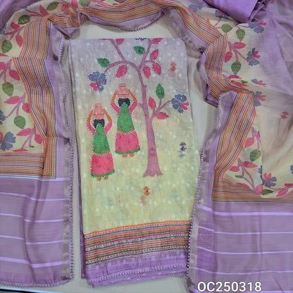 Lavender with yellow digital printed slub silk cotton unstitched salwar material, rich daman with handwork (Textured, Thin, Lining Needed) Matching bottom, Digital Printed Short Width Dupatta. OC250318