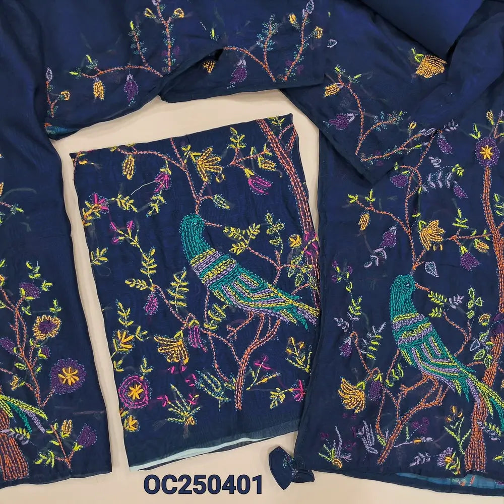 Royal blue digital printed soft silk cotton unstitched salwar material, Rich hand embroidery work on daman and yoke (Thin, Lining Needed) Matching Santoon Bottom, Hand embroidered soft silk cotton dupatta. OC250401