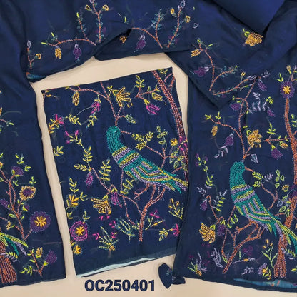 Royal blue digital printed soft silk cotton unstitched salwar material, Rich hand embroidery work on daman and yoke (Thin, Lining Needed) Matching Santoon Bottom, Hand embroidered soft silk cotton dupatta. OC250401