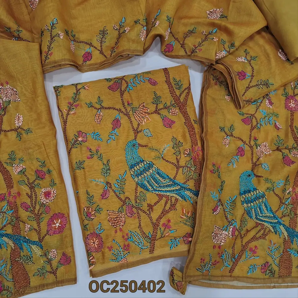 Bright Mehandi Yellow digital printed soft silk cotton unstitched salwar material, Rich hand embroidery work on daman and yoke (Thin, Lining Needed) Matching Santoon Bottom, Hand embroidered soft silk cotton dupatta. OC250402