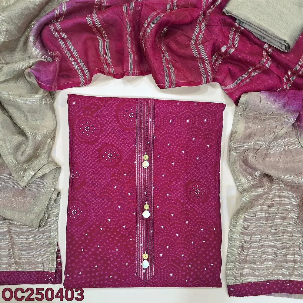 Bright pink digital printed soft silk cotton unstitched salwar material, simple yoke (Soft, Silky, Lining Optional )Beige silk cotton bottom, dual shaded silk cotton dupatta with zari lines and sequins work. OC250403