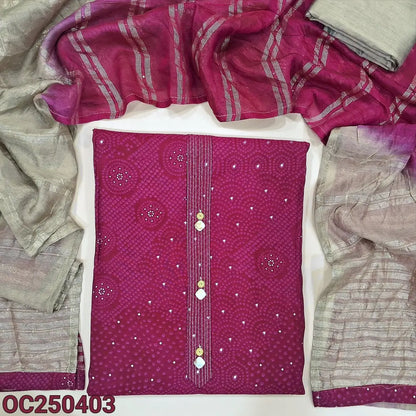 Bright pink digital printed soft silk cotton unstitched salwar material, simple yoke (Soft, Silky, Lining Optional )Beige silk cotton bottom, dual shaded silk cotton dupatta with zari lines and sequins work. OC250403
