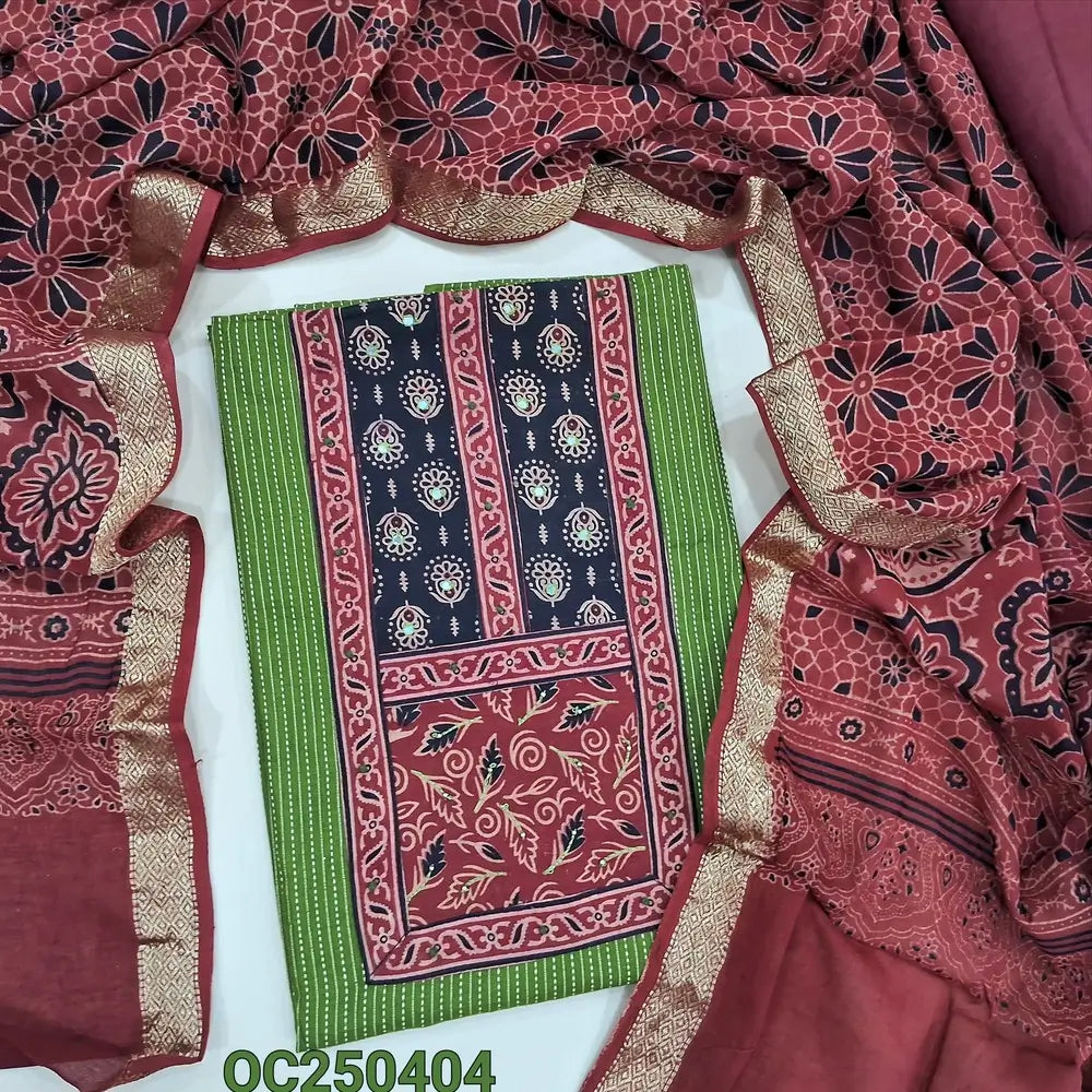 Green kantha embroidered Pure cotton unstitched salwar material, Ajrakh yoke patch (Lining Needed), contrast black bottom, ajrakh block printed pure cotton dupatta (TAPINGS NEEDED) MISPRINT ARE NOT CONSIDERED AS DEFECTS. OC250404