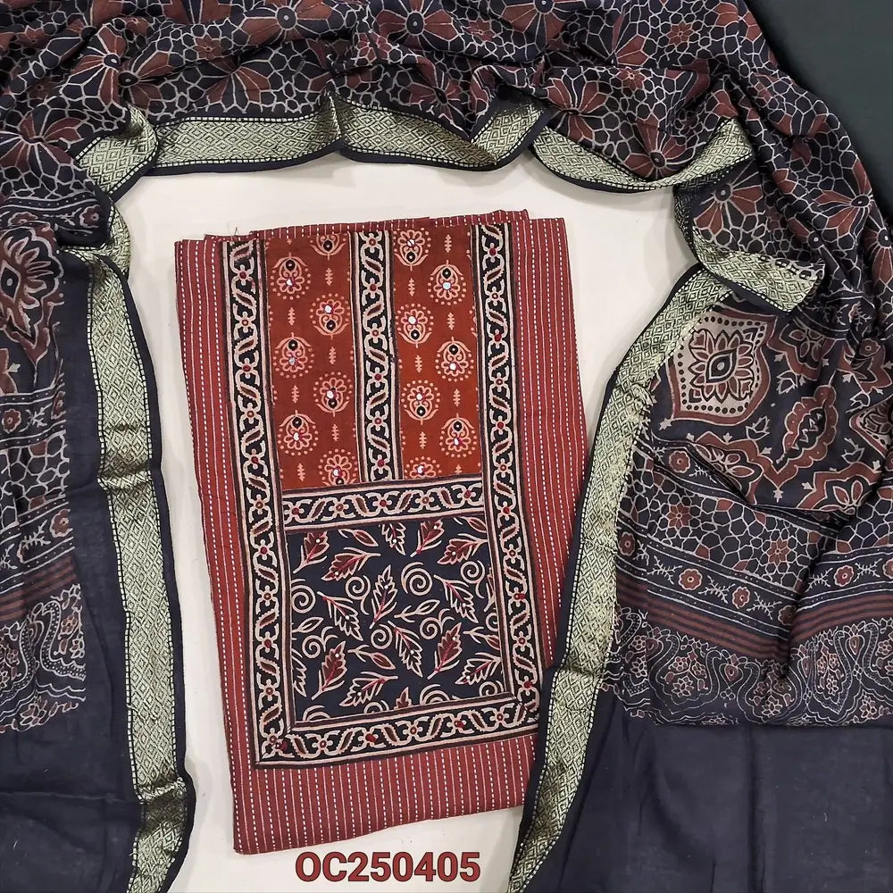Maroon kantha embroidered Pure cotton unstitched salwar material, Ajrakh yoke patch (Lining Needed), contrast black bottom, ajrakh block printed pure cotton dupatta (TAPINGS NEEDED) MISPRINT ARE NOT CONSIDERED AS DEFECTS. OC250405