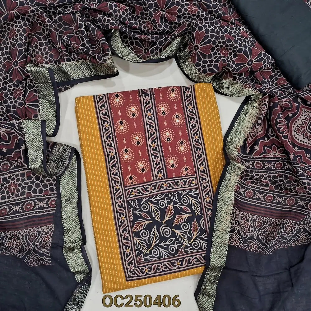 Fenugreek yellow kantha embroidered Pure cotton unstitched salwar material, Ajrakh yoke patch (Lining Needed), contrast black bottom, ajrakh block printed pure cotton dupatta (TAPINGS NEEDED) MISPRINT ARE NOT CONSIDERED AS DEFECTS. OC250406