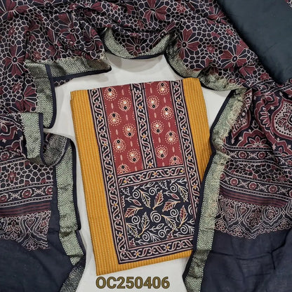 Fenugreek yellow kantha embroidered Pure cotton unstitched salwar material, Ajrakh yoke patch (Lining Needed), contrast black bottom, ajrakh block printed pure cotton dupatta (TAPINGS NEEDED) MISPRINT ARE NOT CONSIDERED AS DEFECTS. OC250406