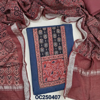 Blue kantha embroidered Pure cotton unstitched salwar material, Ajrakh yoke patch (Lining Needed), contrast maroon bottom, ajrakh block printed pure cotton dupatta (TAPINGS NEEDED) MISPRINT ARE NOT CONSIDERED AS DEFECTS. OC250407