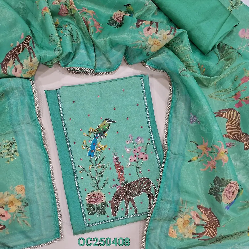 Turquoise green tissue silk cotton unstitched salwar material, yoke with bead and embroidery work (Thin,Silky, Lining Needed) Matching santoon bottom, digital printed tissue silk cotton dupatta with lace tapings. OC250408