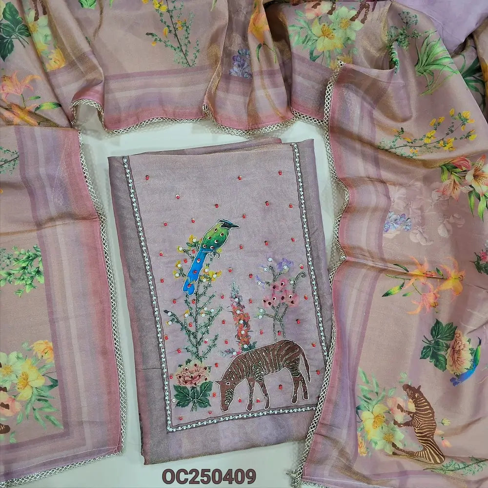 Light pink tissue silk cotton unstitched salwar material, yoke with bead and embroidery work (Thin,Silky, Lining Needed) Matching santoon bottom, digital printed tissue silk cotton dupatta with lace tapings. OC250409