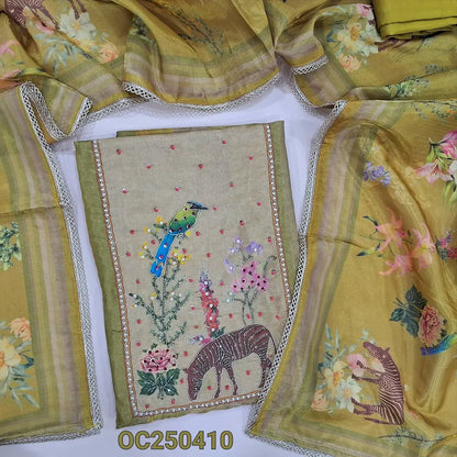 Mehandi Green tissue silk cotton unstitched salwar material, yoke with bead and embroidery work (Thin,Silky, Lining Needed) Matching santoon bottom, digital printed tissue silk cotton dupatta with lace tapings. OC250410