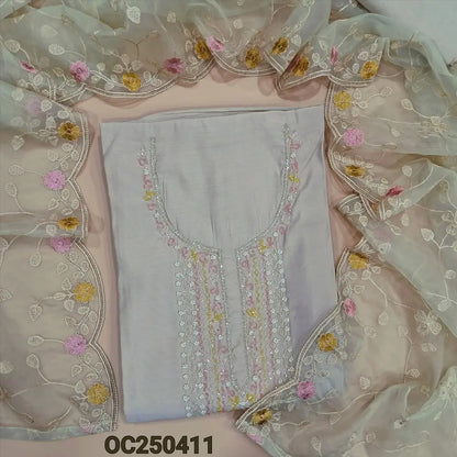 Beige soft silk cotton unstitched salwar material, bead wokr on yoke (Soft, Silky, Lining Needed) matching santoon bottom, half white hancy organza short width embroidered dupatta. OC250411