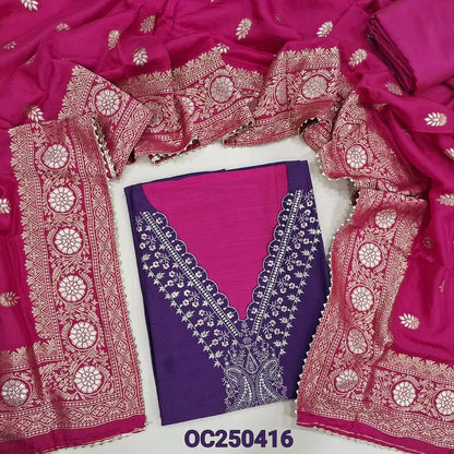 Violet semi-raw silk unstitched salwar material, embroidered yoke and sequin work on front (Textured, Lining Needed) Contrast silk cotton bright pink Bottom, benarasi zari woven soft silk cotton dupatta. OC250416