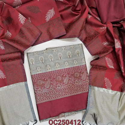 Beige with Maroon benarasi silk cotton unstitched salwar material, rich antique zari weaving all over (Lining Needed) Contrast silk cotton Bottom, Benarasi Zari Woven Dual Shaded Dupatta. OC250412