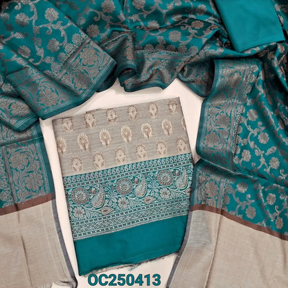 Beige with Teal blue benarasi silk cotton unstitched salwar material, rich antique zari weaving all over (Lining Needed) Contrast silk cotton Bottom, Benarasi Zari Woven Dual Shaded Dupatta. OC250413