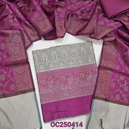 Beige with Rani pink benarasi silk cotton unstitched salwar material, rich antique zari weaving all over (Lining Needed) Contrast silk cotton Bottom, Benarasi Zari Woven Dual Shaded Dupatta. OC250414