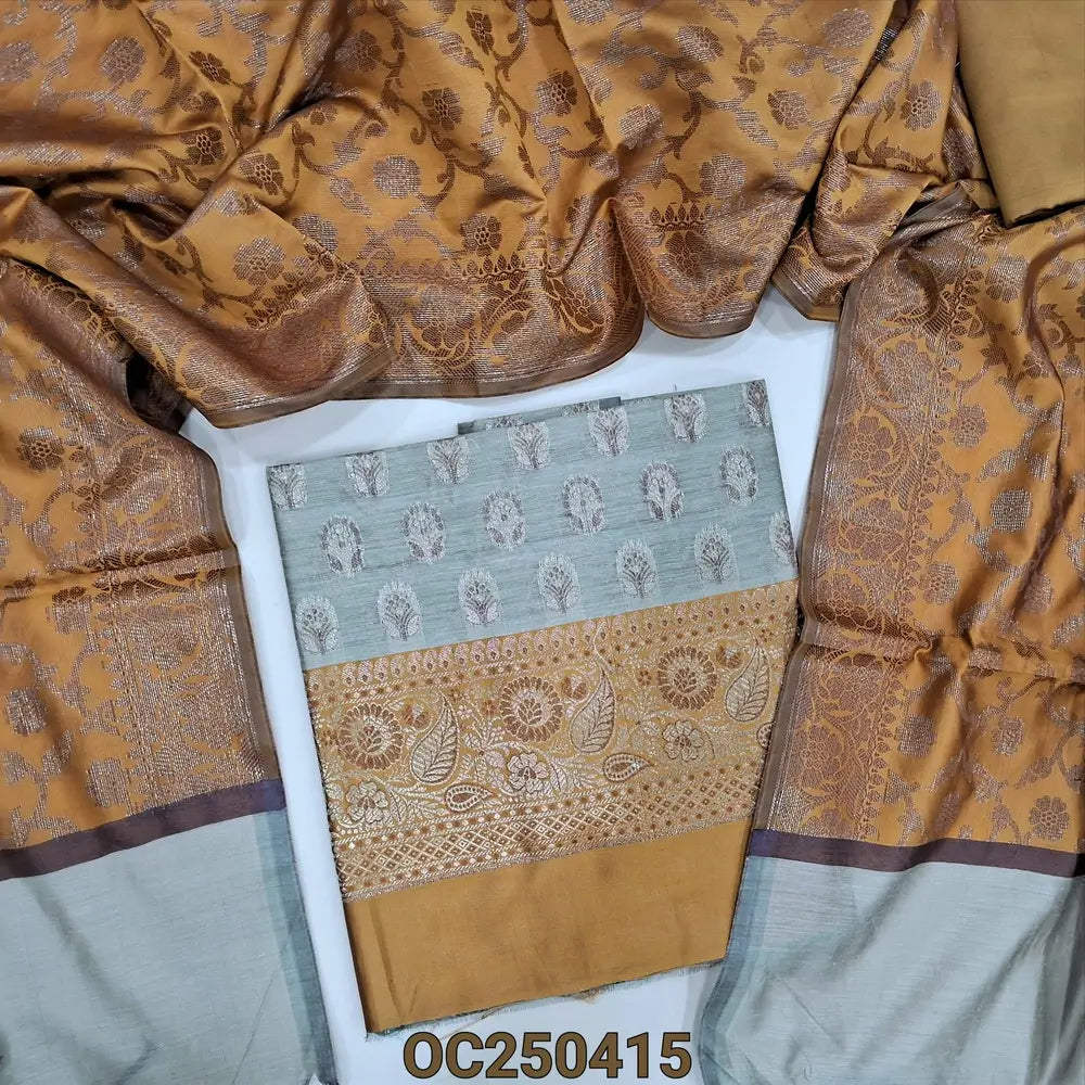 Beige with golden yellow benarasi silk cotton unstitched salwar material, rich antique zari weaving all over (Lining Needed) Contrast silk cotton Bottom, Benarasi Zari Woven Dual Shaded Dupatta. OC250415