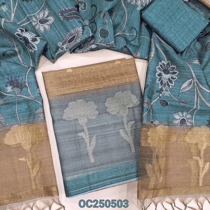 Mehandi green with Pastel blue jamdani woven slub silk cotton unstitched salwar material, organza daman patch with jamdani weaving (Textured, Lining Needed) Silk Cotton Bottom, jamdani woven and kalamkari printed silk cotton dupatta. OC250503