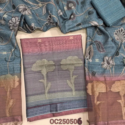 Pink with grey jamdani woven slub silk cotton unstitched salwar material, organza daman patch with jamdani weaving (Textured, Lining Needed) Silk Cotton Bottom, jamdani woven and kalamkari printed silk cotton dupatta. OC250506