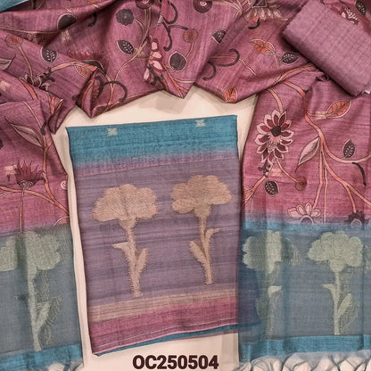 Blueish grey with pastel pink jamdani woven slub silk cotton unstitched salwar material, organza daman patch with jamdani weaving (Textured, Lining Needed) Silk Cotton Bottom, jamdani woven and kalamkari printed silk cotton dupatta. OC250504