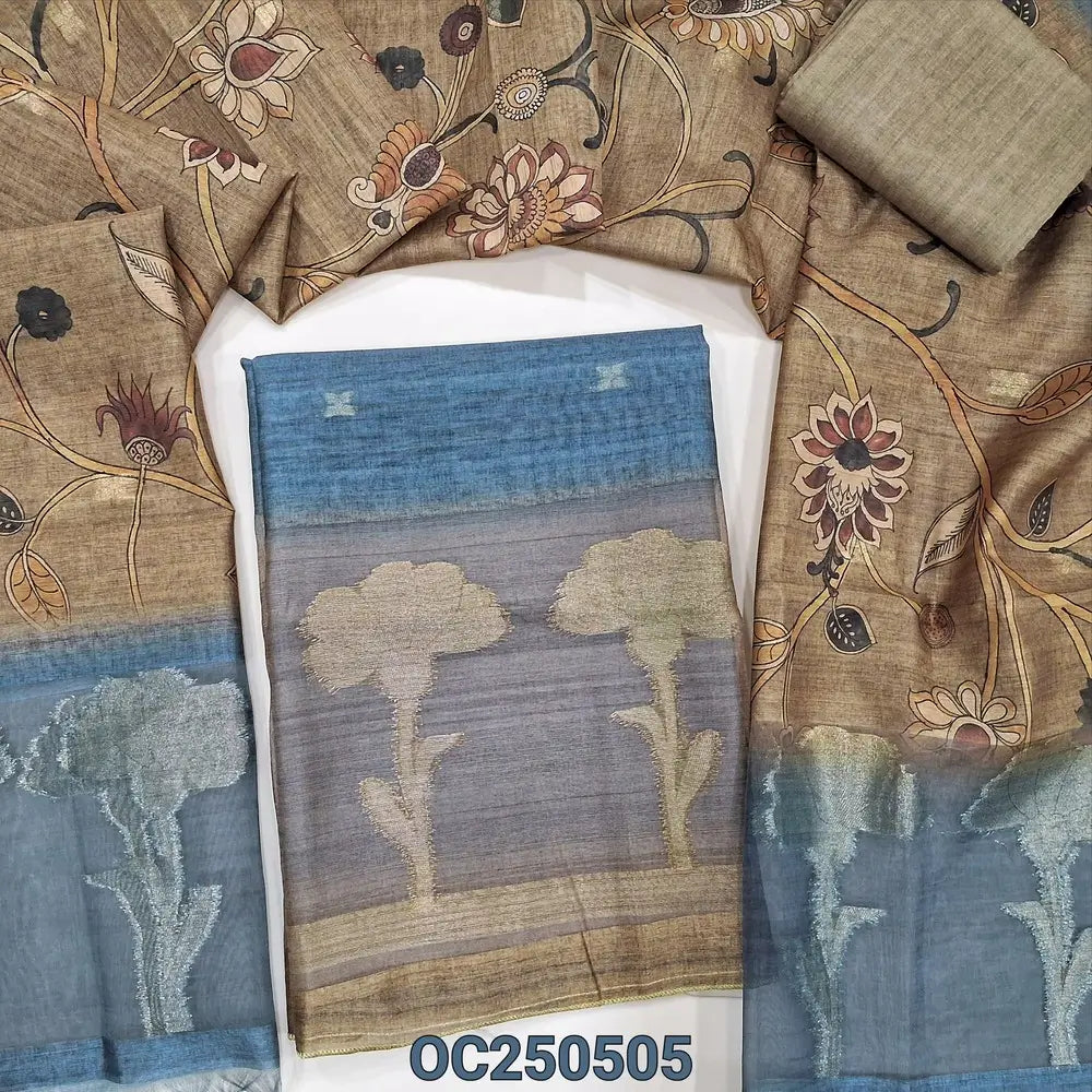 Grey with olive green jamdani woven slub silk cotton unstitched salwar material, organza daman patch with jamdani weaving (Textured, Lining Needed) Silk Cotton Bottom, jamdani woven and kalamkari printed silk cotton dupatta. OC250505