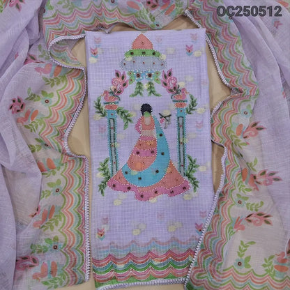 Lavender fancy kota silk cotton unstitched salwar material, digital prints highlighted with bead work (Thin, Lining Needed) Matching spun cotton bottom, drigital printed dupatta. OC250512