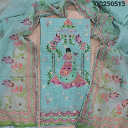 Pastel blue fancy kota silk cotton unstitched salwar material, digital prints highlighted with bead work (Thin, Lining Needed) Matching spun cotton bottom, drigital printed dupatta. OC250513