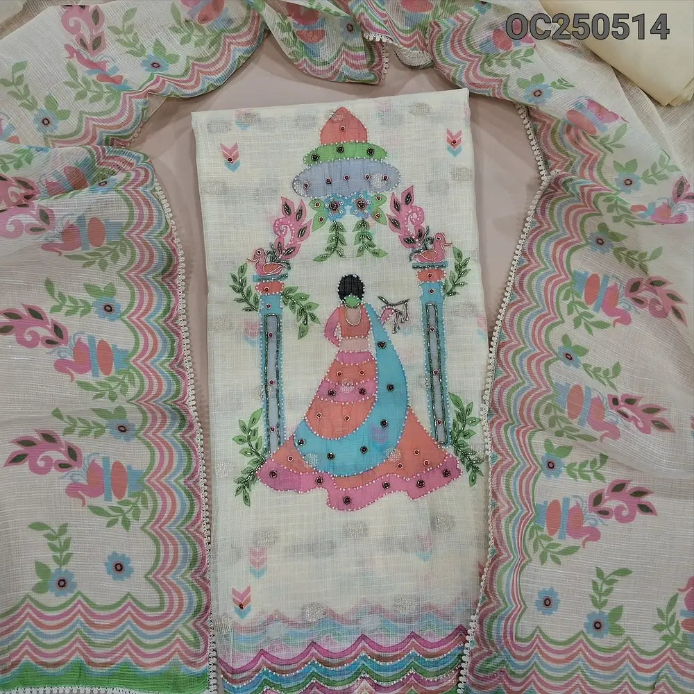 Half white fancy kota silk cotton unstitched salwar material, digital prints highlighted with bead work (Thin, Lining Needed) Matching spun cotton bottom, drigital printed dupatta. OC250514