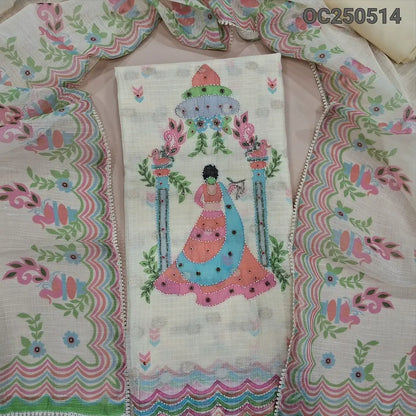 Half white fancy kota silk cotton unstitched salwar material, digital prints highlighted with bead work (Thin, Lining Needed) Matching spun cotton bottom, drigital printed dupatta. OC250514