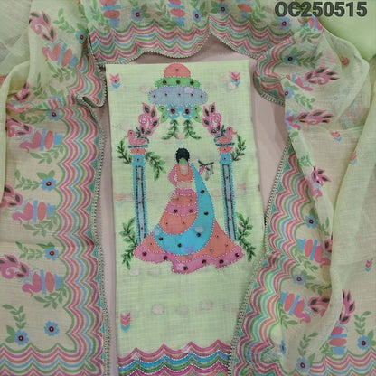 Pastel green fancy kota silk cotton unstitched salwar material, digital prints highlighted with bead work (Thin, Lining Needed) Matching spun cotton bottom, drigital printed dupatta. OC250515