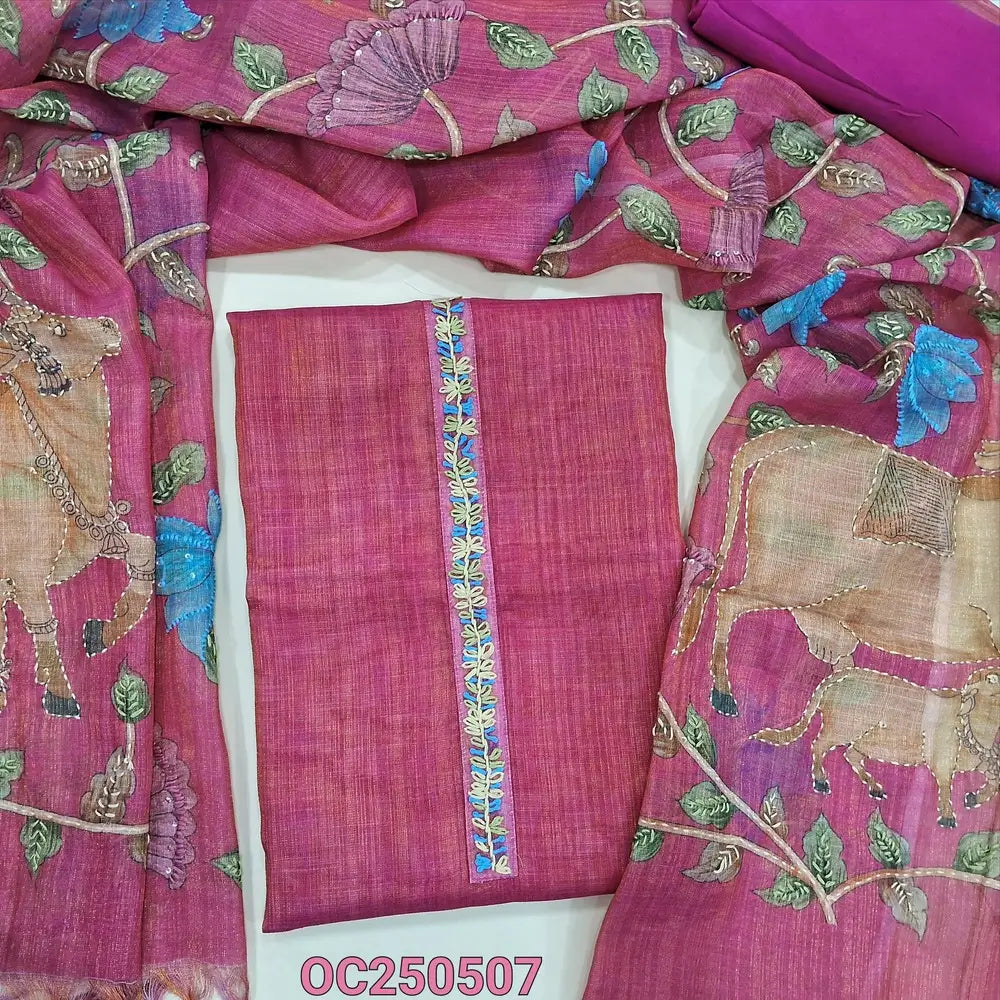 Pink with golden tint premium tissue linen unstitched salwar material, digital  prints with embroidery work on yoke and daman (Textured, Lining Needed) matching santoon bottom, hand embroidered tissue linen dupatta. OC250507