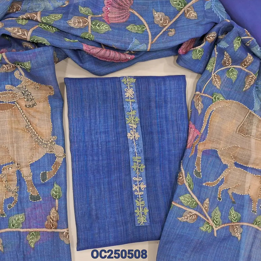 Royal blue premium tissue linen unstitched salwar material, digital prints with embroidery work on yoke and daman (Textured, Lining Needed) matching santoon bottom, hand embroidered tissue linen dupatta. OC250508