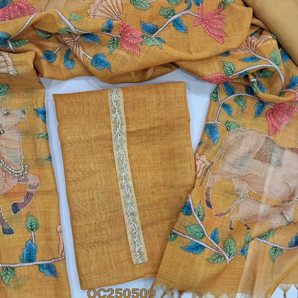 Golden mehandi yellow premium tissue linen unstitched salwar material, digital prints with embroidery work on yoke and daman (Textured, Lining Needed) matching santoon bottom, hand embroidered tissue linen dupatta. OC250509