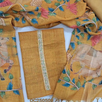 Golden mehandi yellow premium tissue linen unstitched salwar material, digital prints with embroidery work on yoke and daman (Textured, Lining Needed) matching santoon bottom, hand embroidered tissue linen dupatta. OC250509