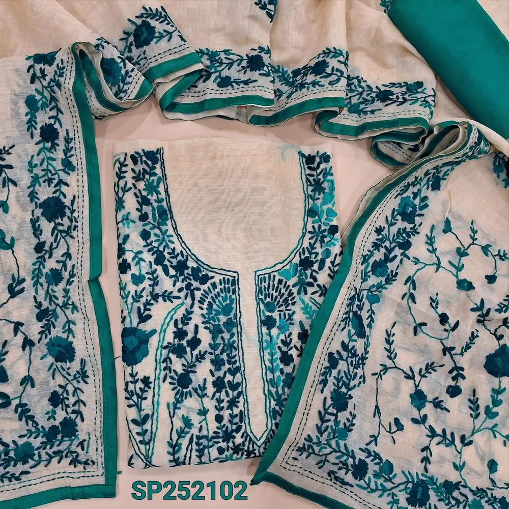 Light beige designer premium silk cotton unstitched salwar material, heavy hand embroidery on front(lining needed) Beige santoon bottom, rich hand embroidered premium silk cotton dupatta with tapings. SP252102