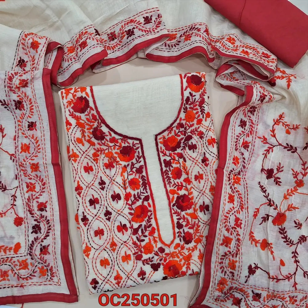 Light beige designer premium silk cotton unstitched salwar material, heavy hand embroidery on front(lining needed)matching santoon bottom, rich hand embroidered premium silk cotton dupatta with pompom tapings. OC250501
