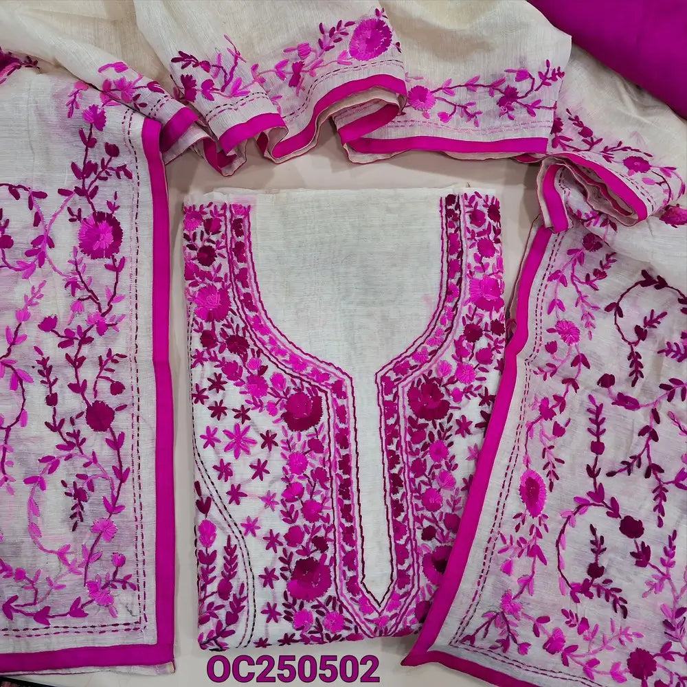 Light beige designer premium silk cotton unstitched salwar material, heavy hand embroidery on front(lining needed)matching santoon bottom, rich hand embroidered premium silk cotton dupatta with pompom tapings. OC250502