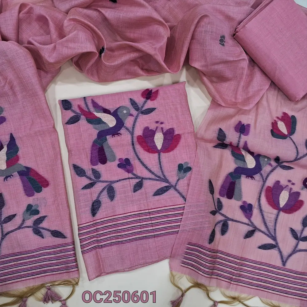 Pastel pink  jamdani woven premium silk cotton unstitched salwar material, bird and floral weaving on daman (Thin, Lining Needed) Matching silk cotton bottom, jamdani woven silk cotton dupatta. OC250601