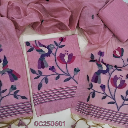Pastel pink  jamdani woven premium silk cotton unstitched salwar material, bird and floral weaving on daman (Thin, Lining Needed) Matching silk cotton bottom, jamdani woven silk cotton dupatta. OC250601
