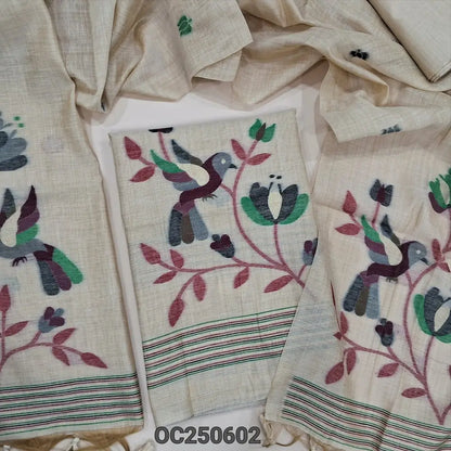 Light beige jamdani woven premium silk cotton unstitched salwar material, bird and floral weaving on daman (Thin, Lining Needed) Matching silk cotton bottom, jamdani woven silk cotton dupatta. OC250602