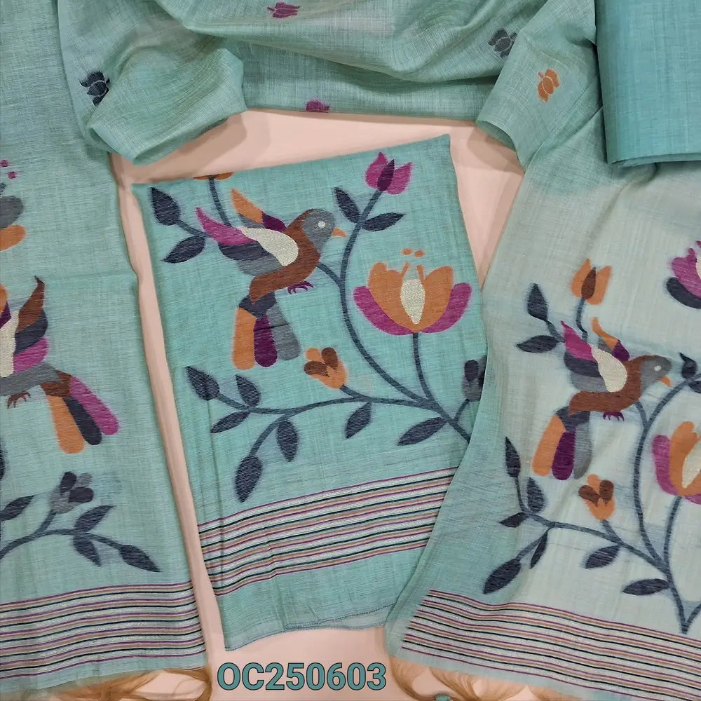 Pastel Blue jamdani woven premium silk cotton unstitched salwar material, bird and floral weaving on daman (Thin, Lining Needed) Matching silk cotton bottom, jamdani woven silk cotton dupatta. OC250603