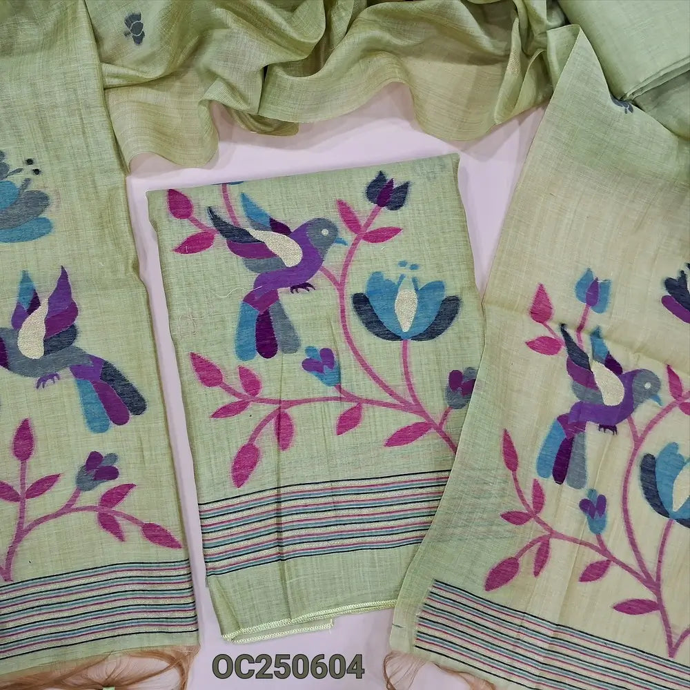 Pastel Green jamdani woven premium silk cotton unstitched salwar material, bird and floral weaving on daman (Thin, Lining Needed) Matching silk cotton bottom, jamdani woven silk cotton dupatta. OC250604