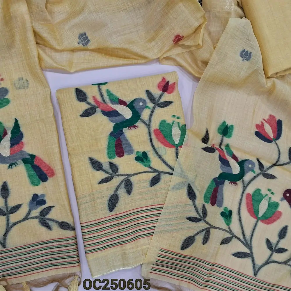 Pastel Yellow jamdani woven premium silk cotton unstitched salwar material, bird and floral weaving on daman (Thin, Lining Needed) Matching silk cotton bottom, jamdani woven silk cotton dupatta. OC250605