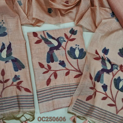 Pastel peach jamdani woven premium silk cotton unstitched salwar material, bird and floral weaving on daman (Thin, Lining Needed) Matching silk cotton bottom, jamdani woven silk cotton dupatta. OC250606